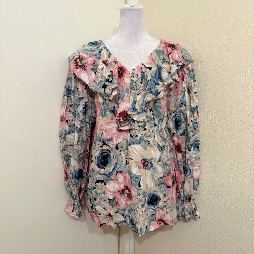 Vintage Class Pink Blue Floral Ruffle Neck Cottagecore Prairie Cotton Blouse XL